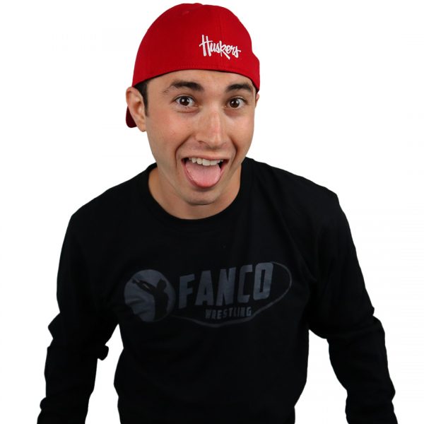 fanco wrestling black on black logo shirt, nebraska huskers red hat